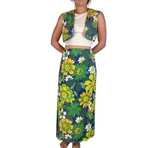 Vintage 1960s Vest & Skirt Set Resort Wear Yellow Green Blue Floral Print Cotton